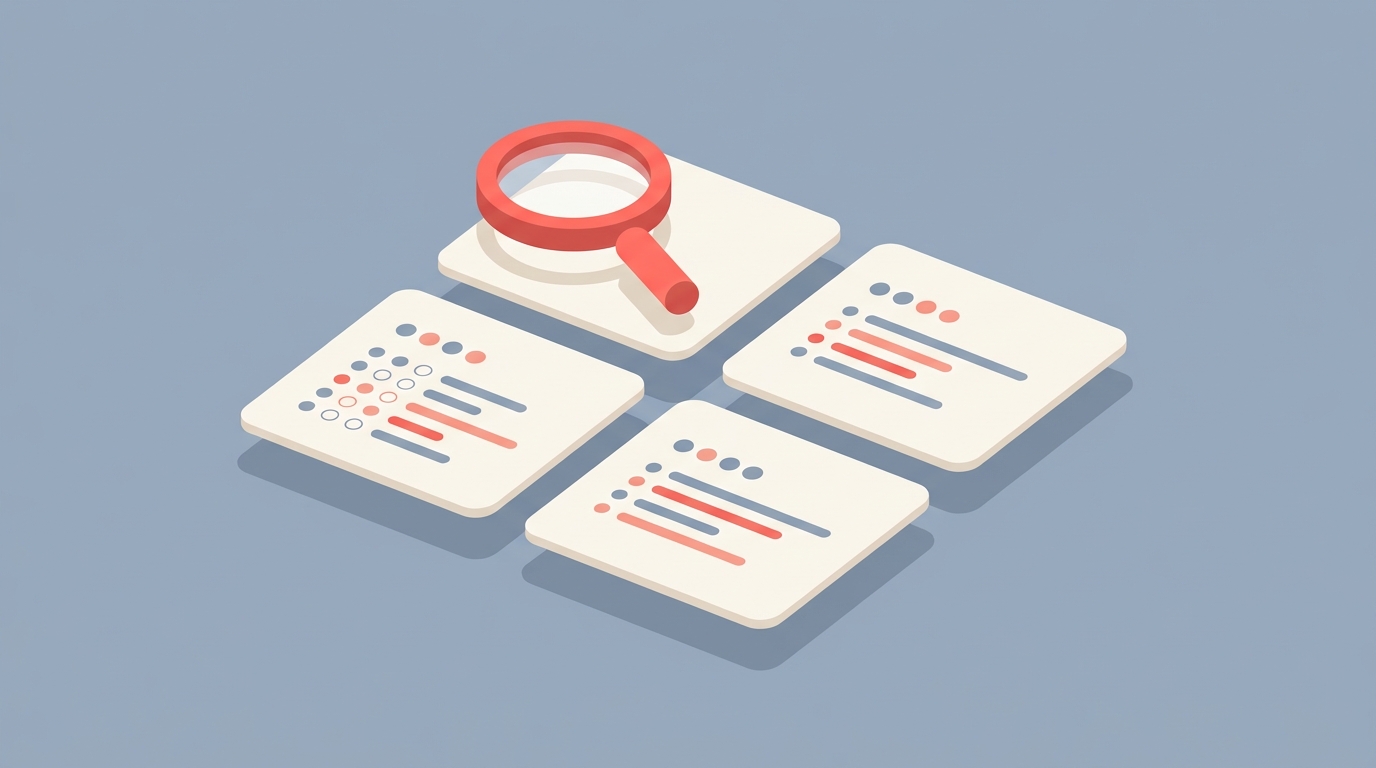 Floating evaluation cards with rating indicators and a magnifying glass hovering over the top card, representing the evaluation methodology.