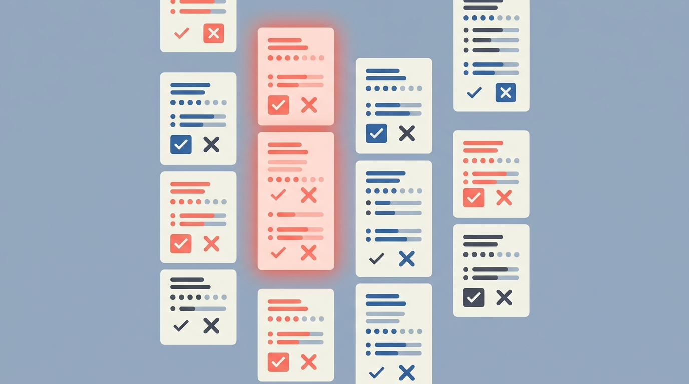 A four-column grid of comparison cards with rating dots and checkmarks, one column highlighted.