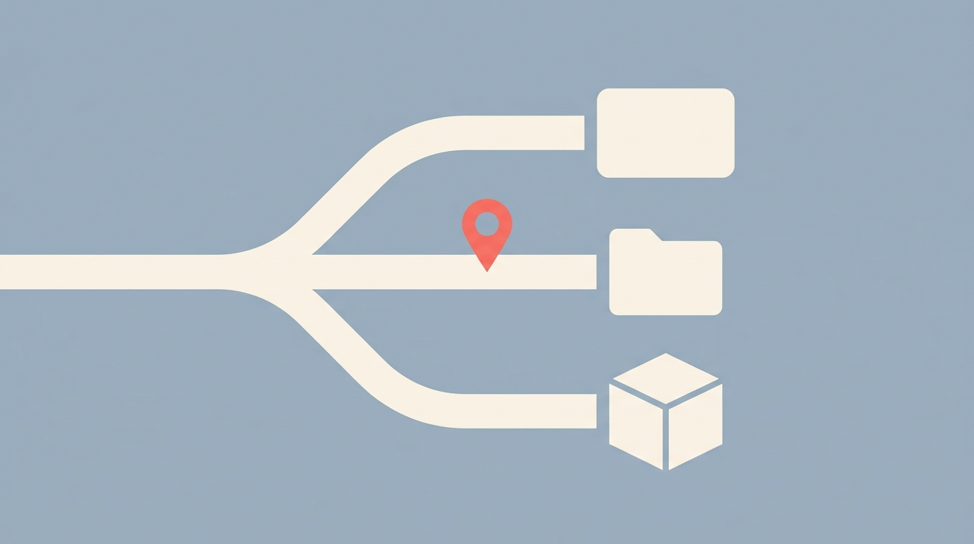 A path splits into three branches each ending in a different destination shape, with a marker pin above the middle branch.