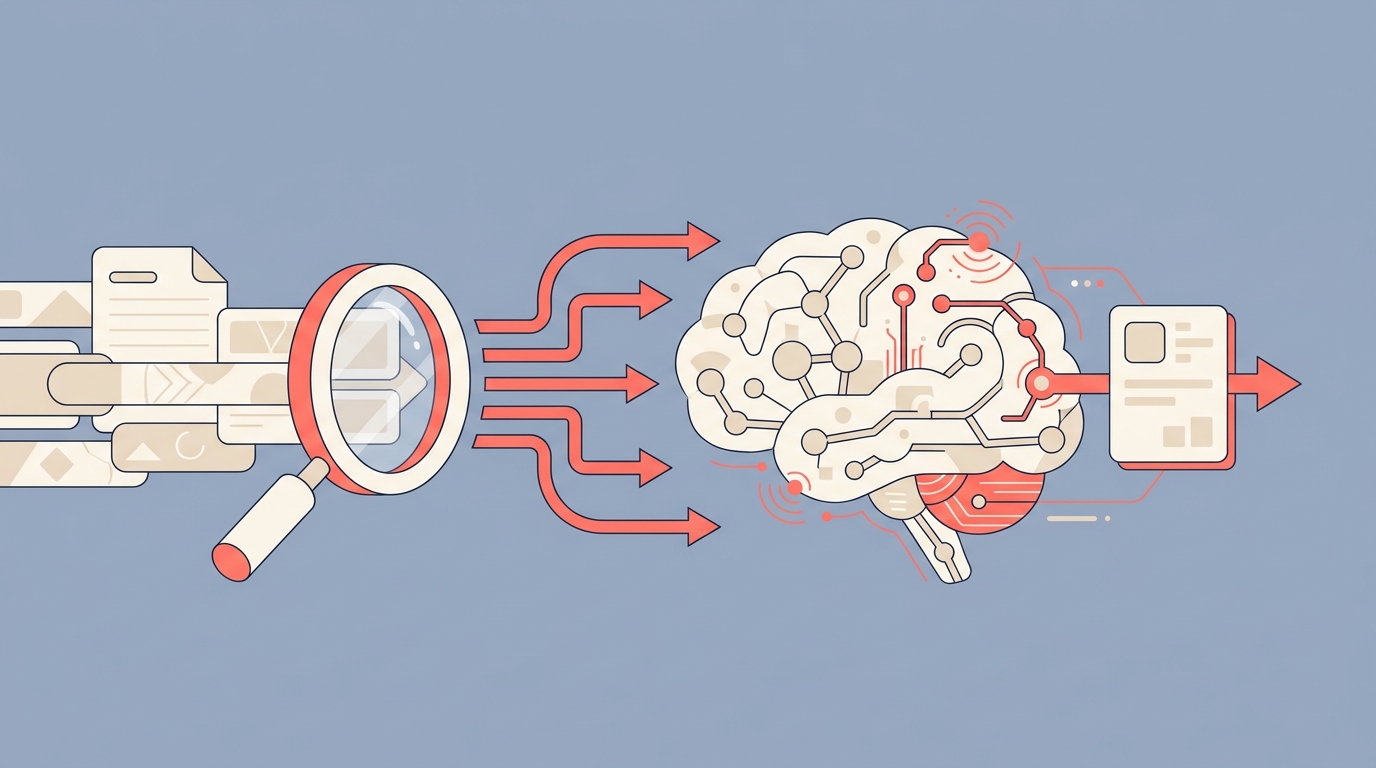 Document chunks flow through a retrieval lens into a neural brain, which outputs a clean answer card — the RAG concept.