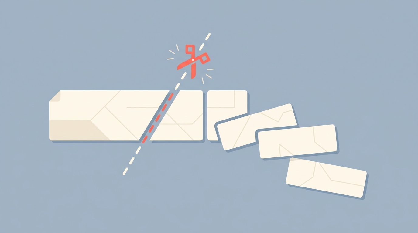 A long document is cut by a diagonal dashed line into smaller segmented chunks that cascade to the right.