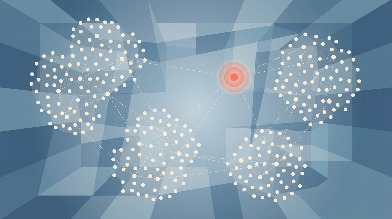 A grid-like semantic space with small dots clustered into groups, one highlighted dot with a glow representing a retrieval target.
