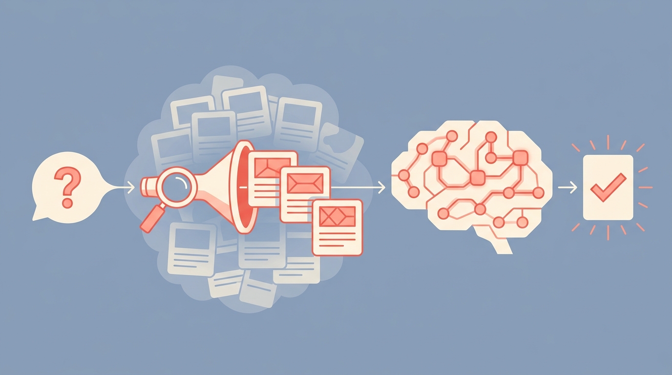 A question bubble flows into a retrieval lens, which pulls relevant chunks into a neural brain that outputs an answer card.