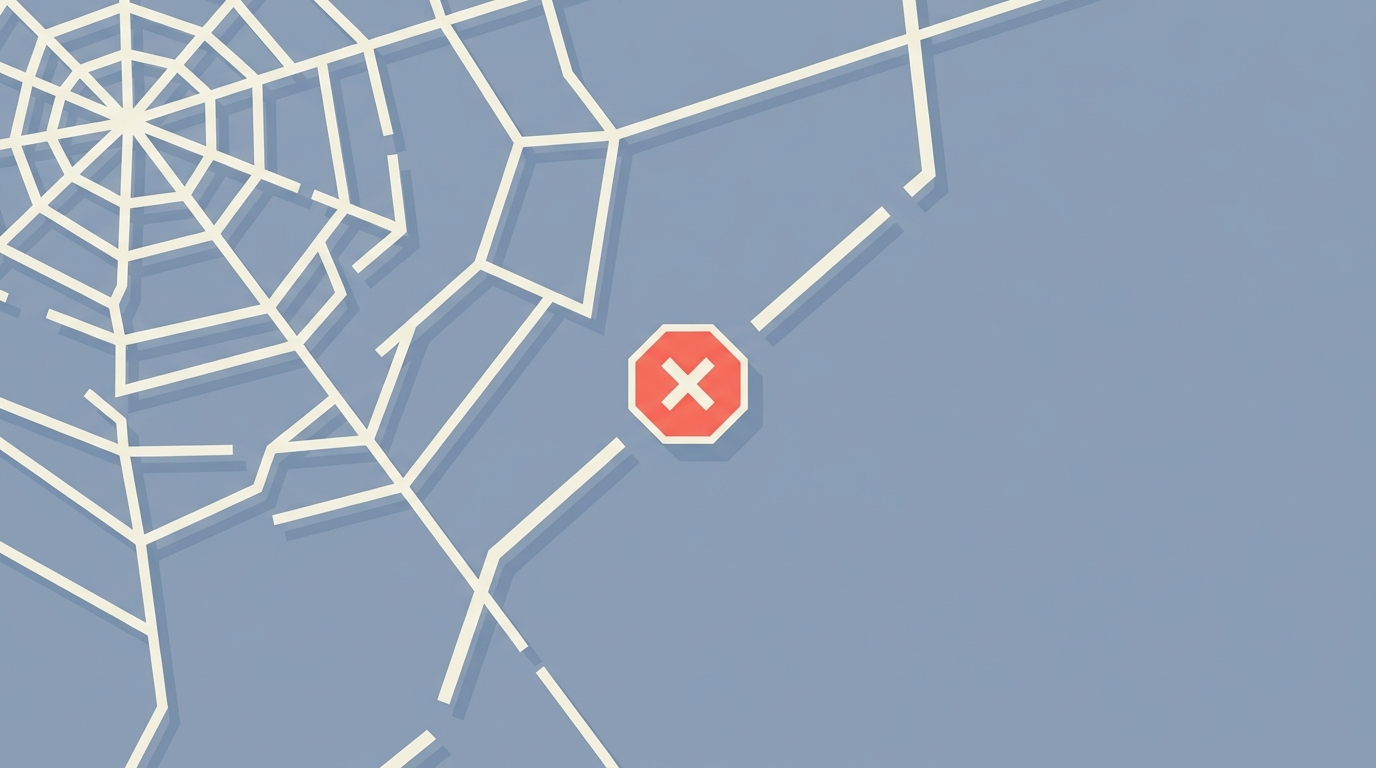 A broken web with a blocked icon, representing a local scraper hitting anti-bot walls.