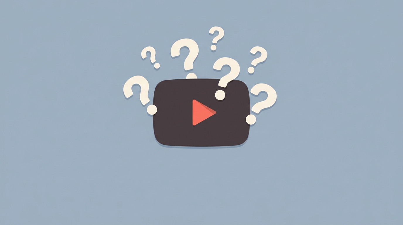 A dark opaque video player icon surrounded by question marks, representing video as a black box.