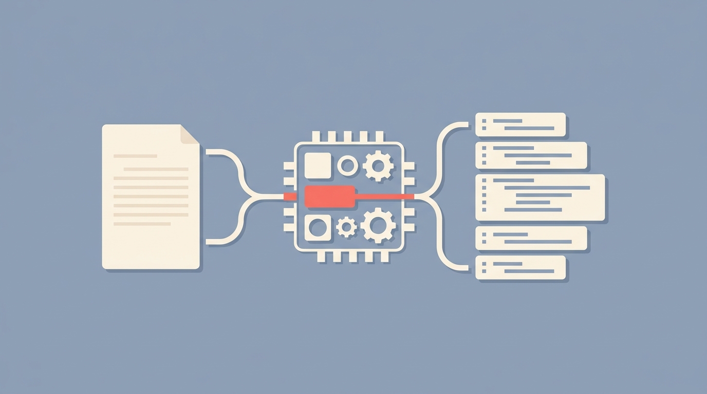 A transcript document transforming into code blocks through a processor shape.