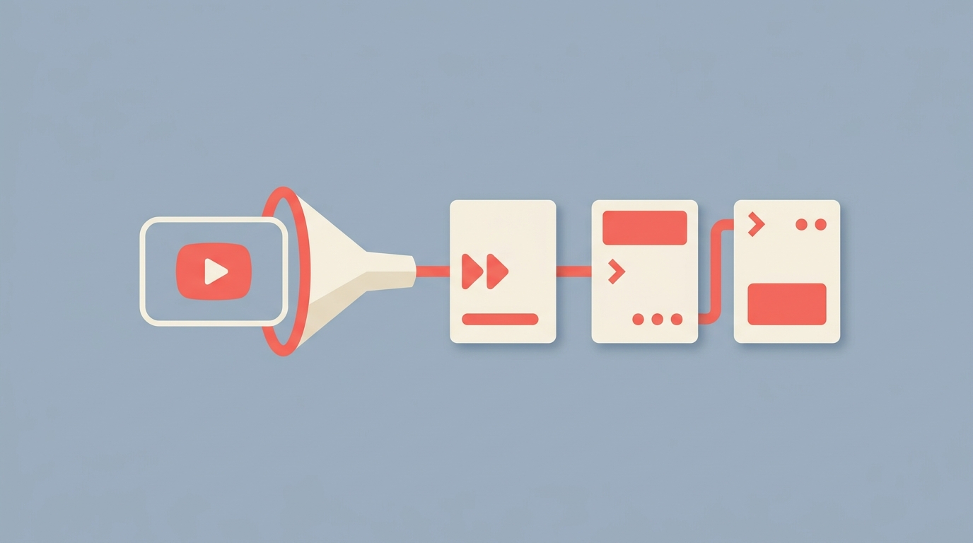 A video feeding through a funnel that outputs ordered tutorial step cards.