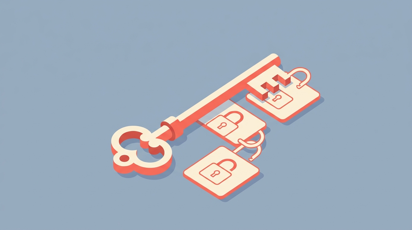 A skeleton key unlocking three padlocks on different cards, representing a universal connector.