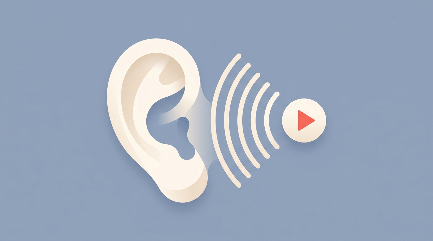 An ear listening to sound waves from a video, representing TranscriptAPI as the hearing sense.