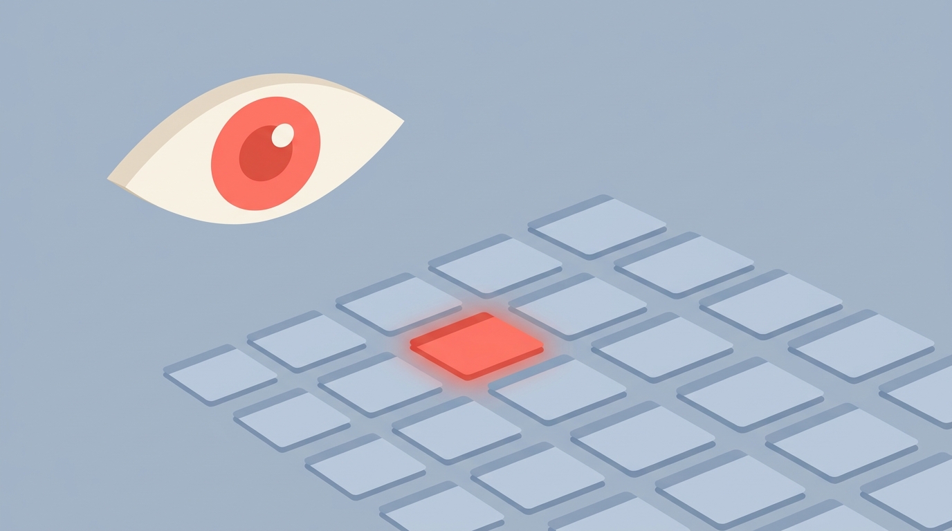 An eye looking across a grid of web page cards, representing agent search as sight.