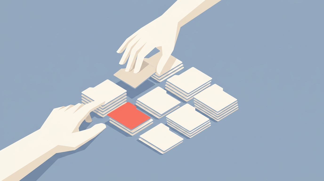 Two hands organizing folder cards, representing the file system manager as agent hands.