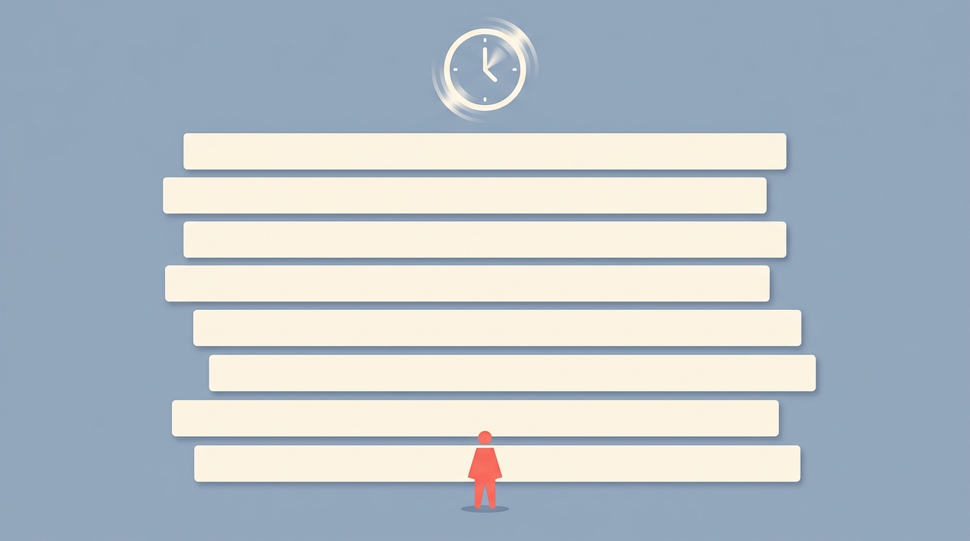 Long video timelines towering over a small student figure with a spinning clock.