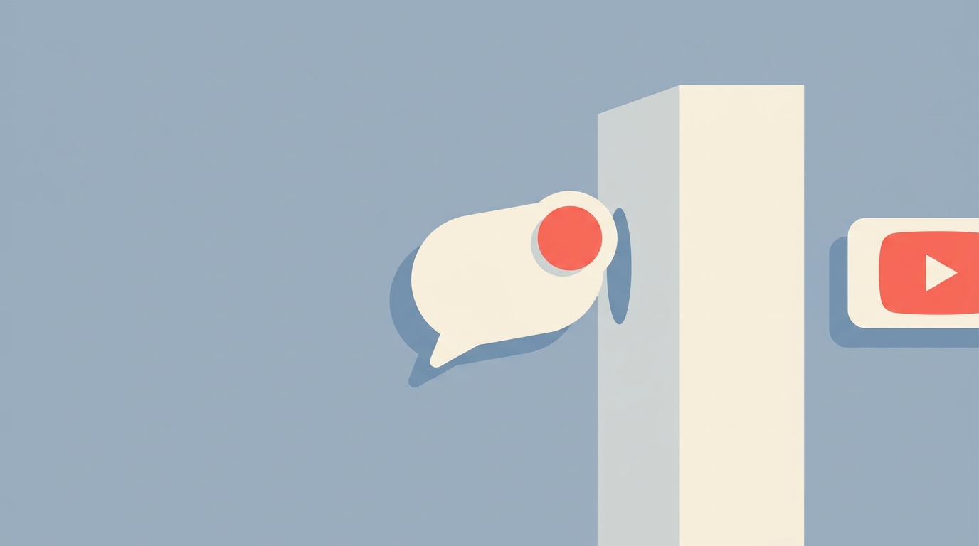 A chat bubble blocked by a wall, with a video icon on the other side just out of reach.