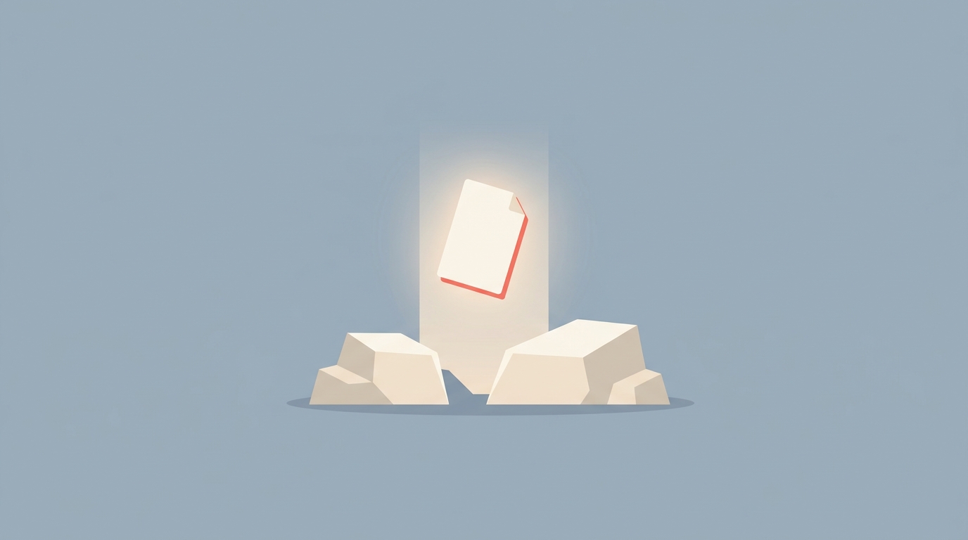 A glowing transcript document rising into a spotlight from between stones.