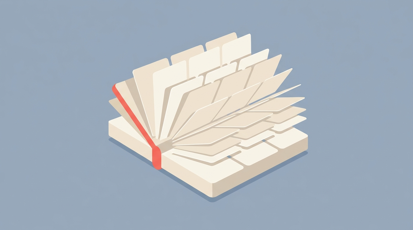 A notebook opening with flashcards and summary pages flipping out in rows.