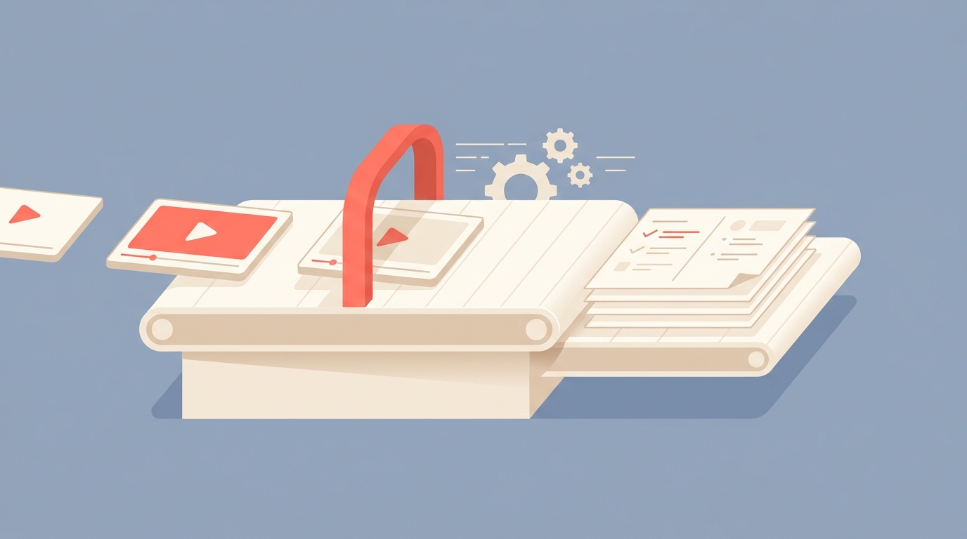 A conveyor belt processing videos on the left into study notebook pages on the right.