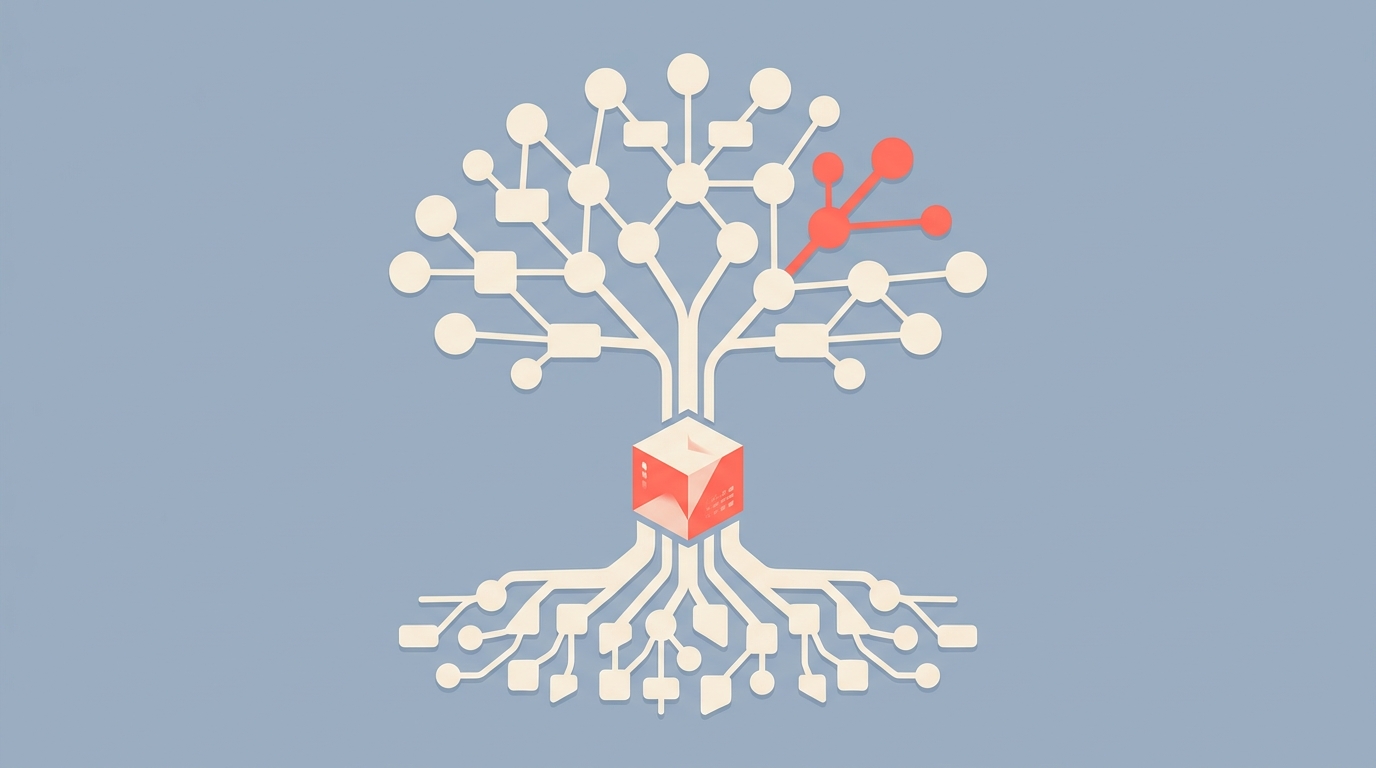 A branching knowledge tree of transcript snippets feeding into a central vector store.