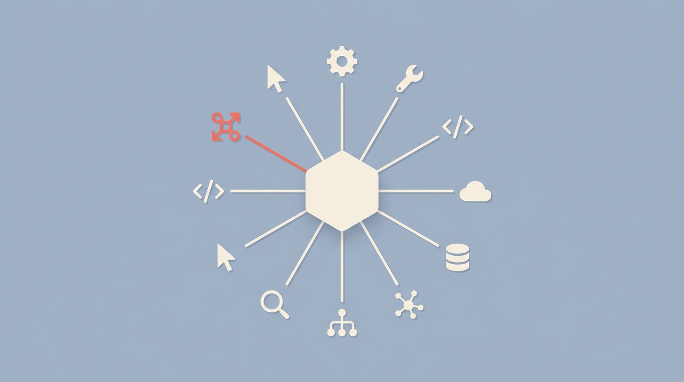 A central hub with tool icons radiating outward, representing an MCP server.