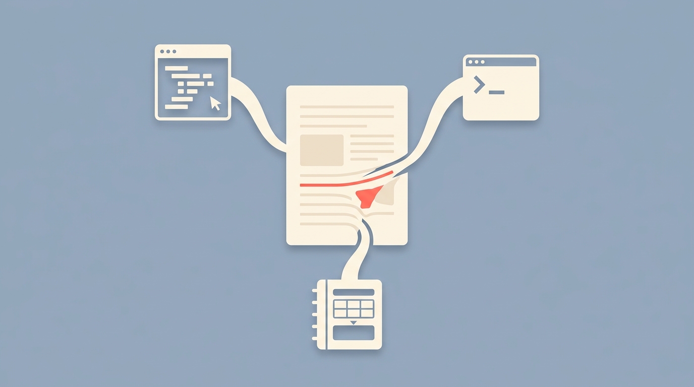 A transcript document being used by IDE, terminal, and notebook icons simultaneously.
