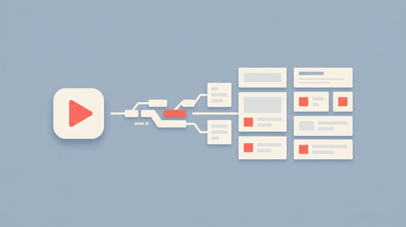 A YouTube play button transforming into structured JSON data blocks through a data stream.