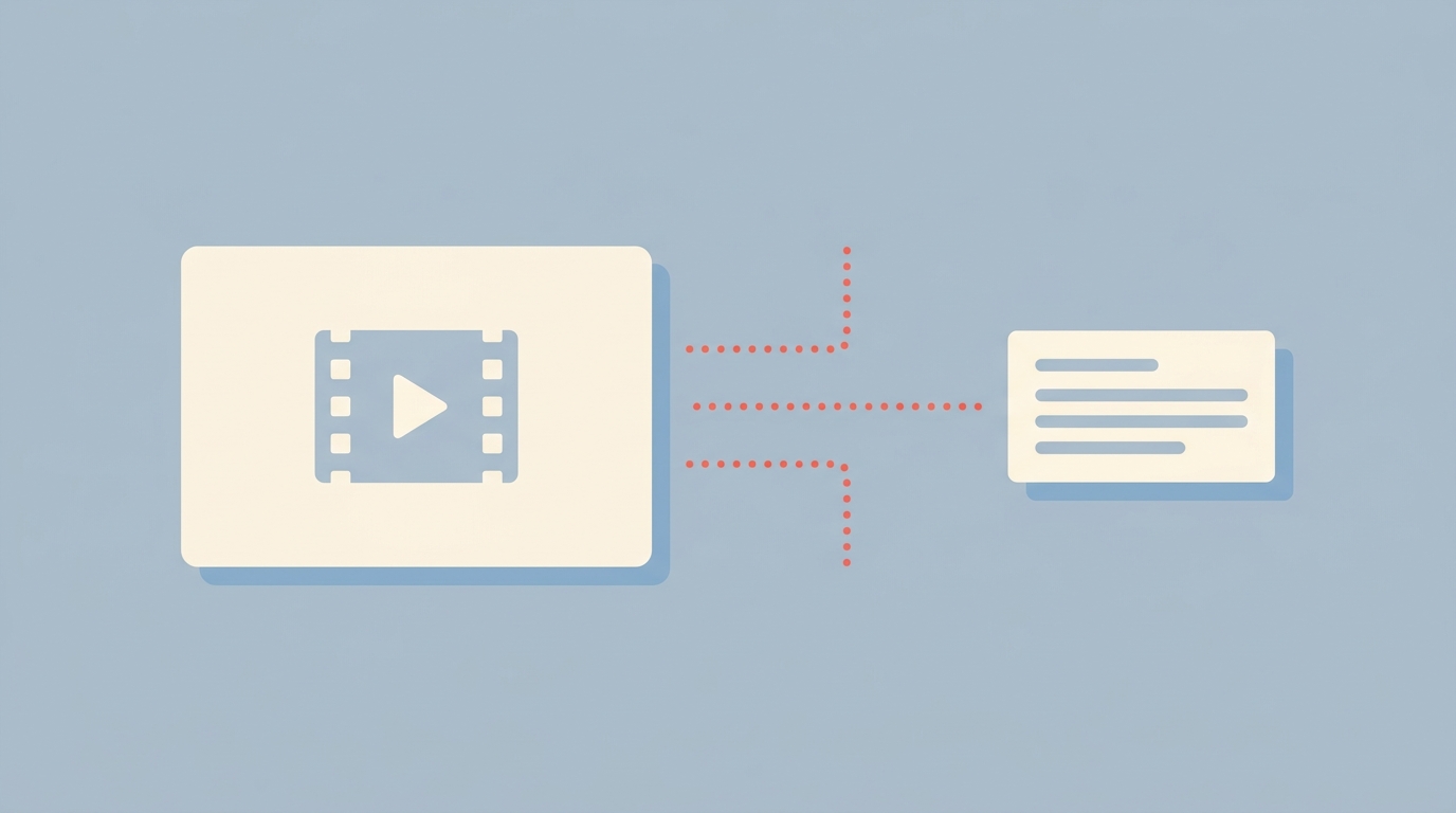 A video file connected by dotted lines to a separate caption document, showing separate storage.