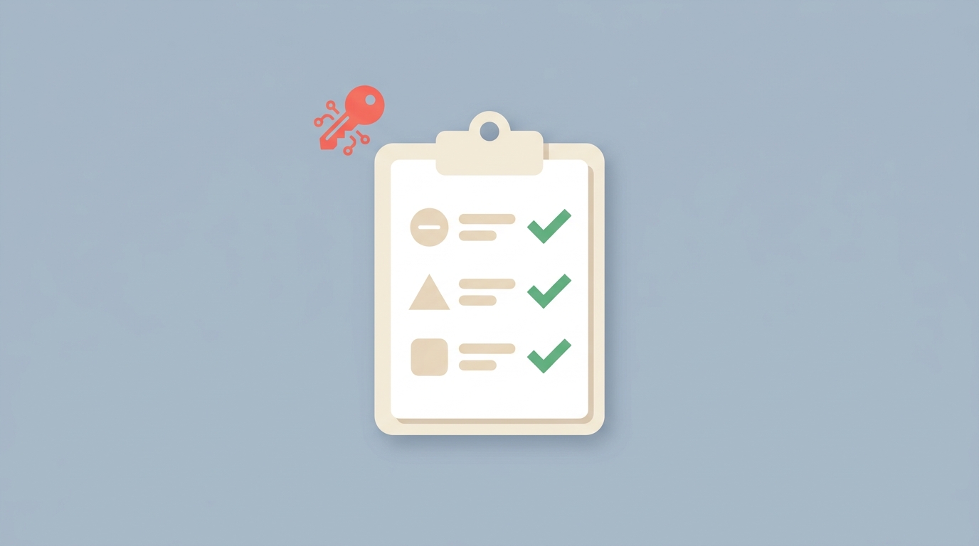 A checklist with an API key icon and version badge shapes, with green checkmarks.