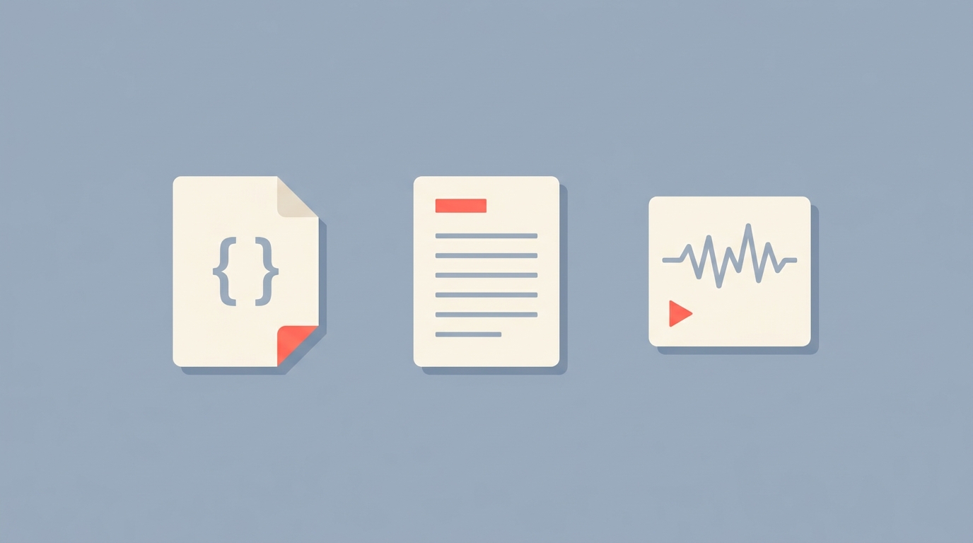 Three file cards with distinct shapes, representing JSON, plain text, and subtitle file formats.