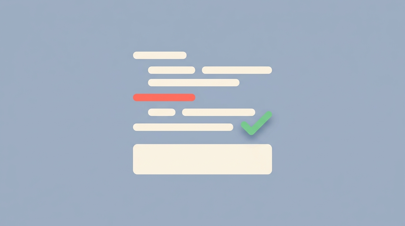 A code block with five abstract lines and a green checkmark beside the final line.