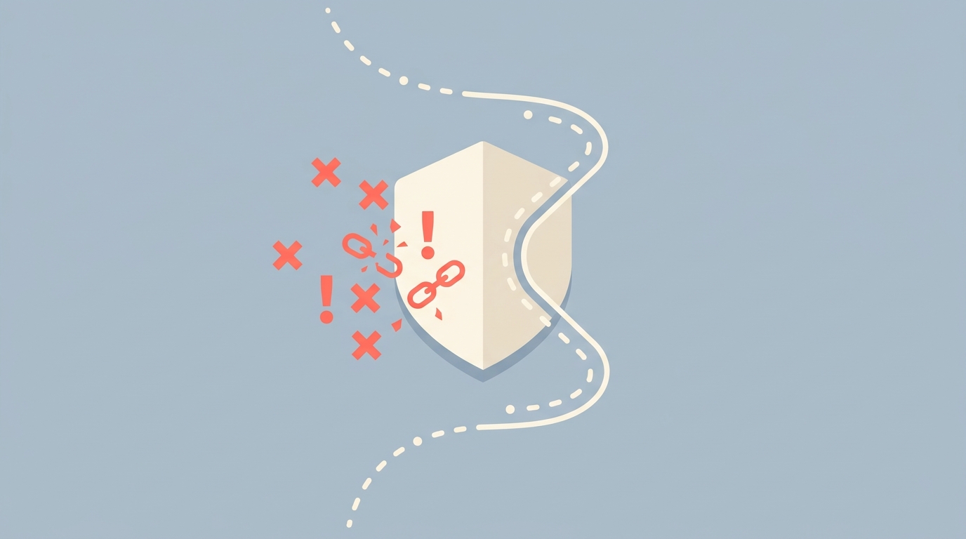 A shield deflecting error symbols with a fallback path curving around it.