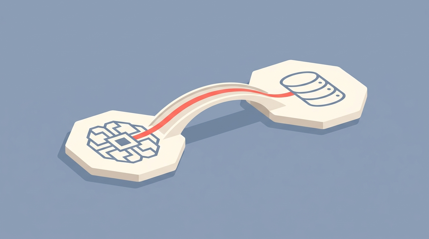 A bridge connecting an AI-shaped island to a data-source-shaped island, representing MCP.