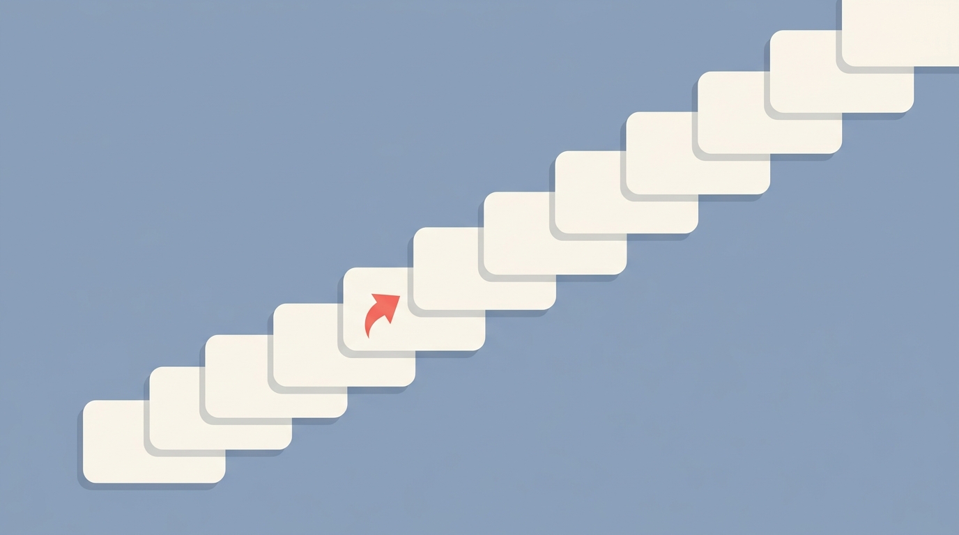A staircase of rounded blocks with an arrow climbing upward, representing step-by-step setup.