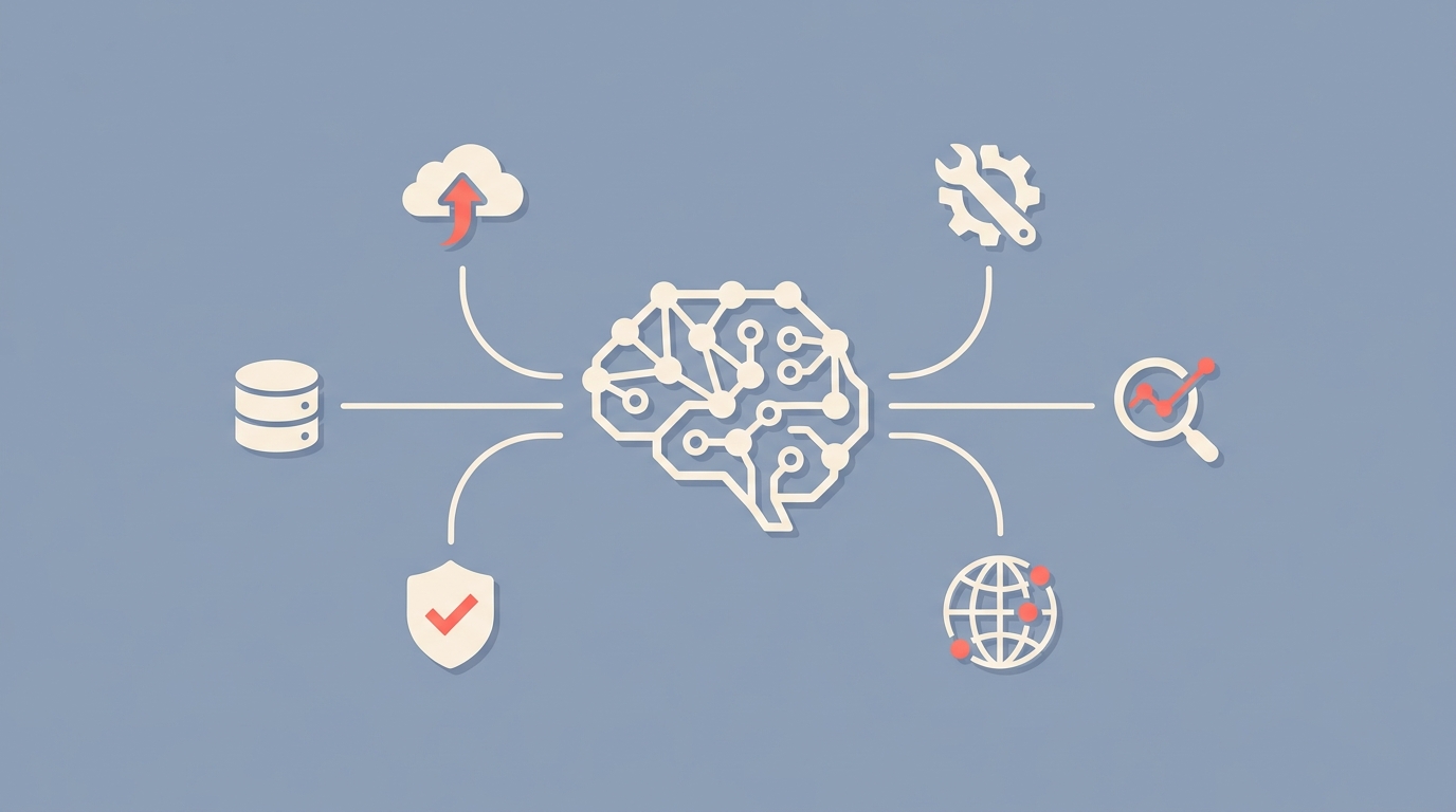 A central AI model with multiple MCP-compatible tool icons radiating outward.