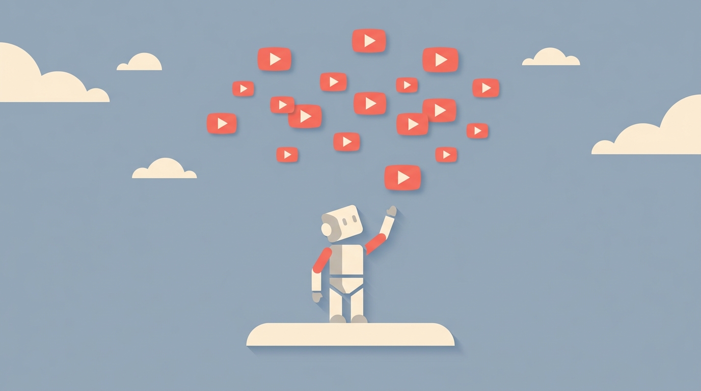 A robot reaching up toward floating video icons, representing an agent needing YouTube data.