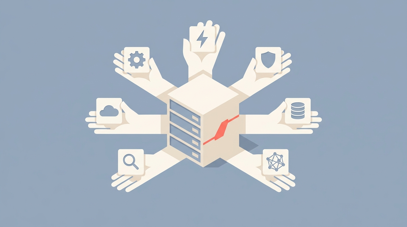 A server with offering hands extending capability cards, representing MCP capabilities.