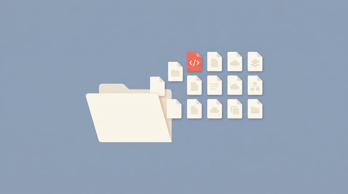 A folder being populated with neatly organized file icons, representing project setup.
