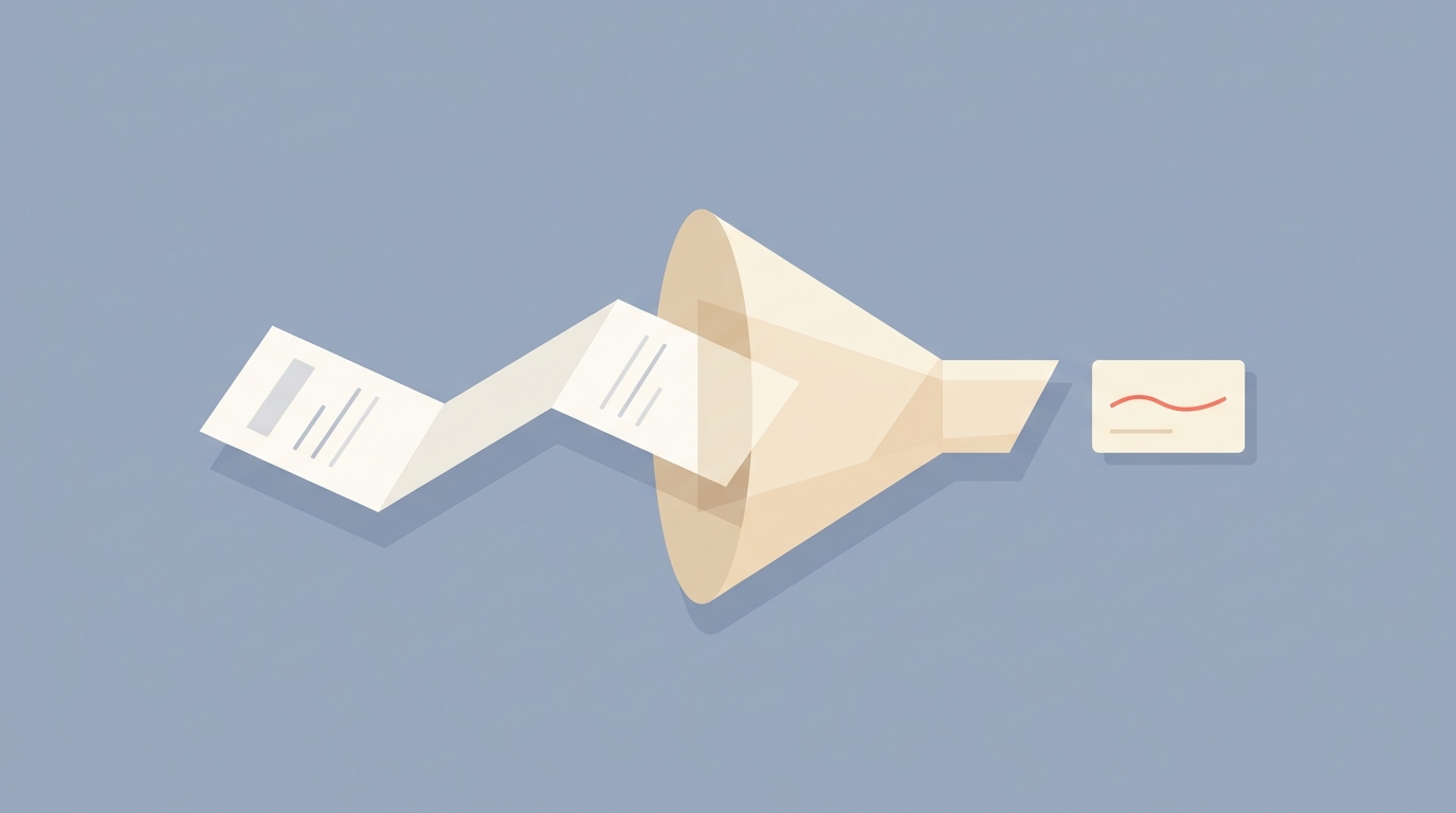 A long transcript being compressed through a funnel into a short summary card.