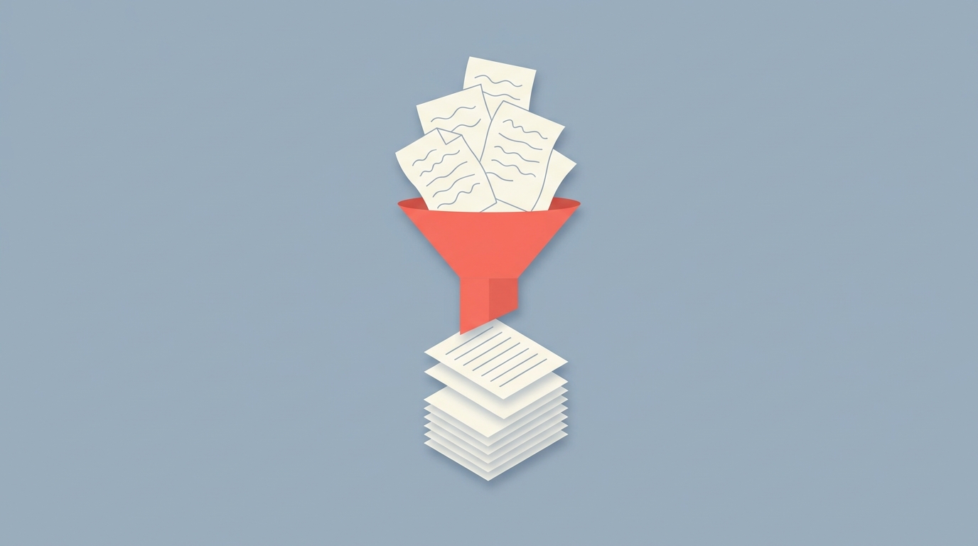 A raw transcript passing through a filter to emerge as a clean document.