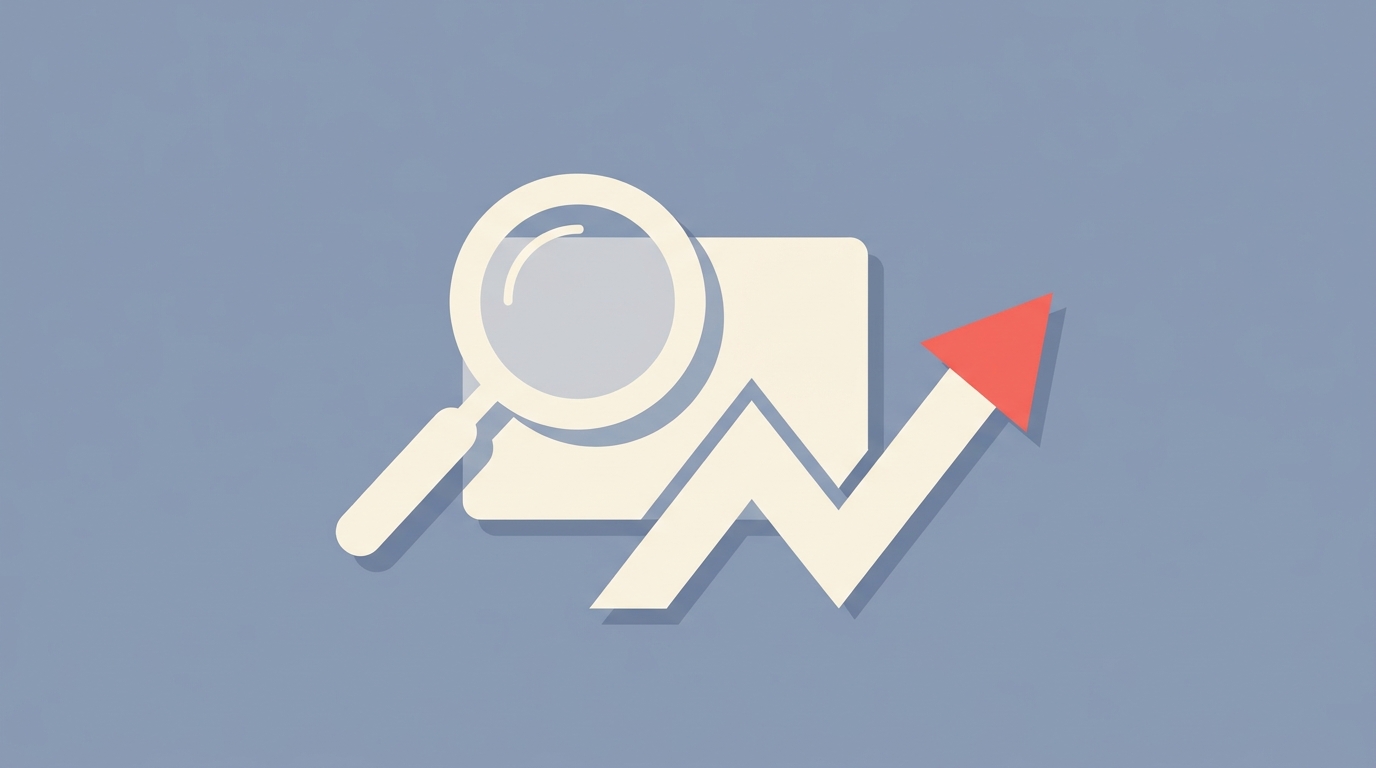 A blog post card with a magnifying glass and an upward trend arrow, representing SEO.