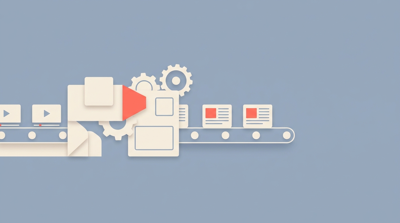 A conveyor belt processing videos on the left into blog posts on the right.