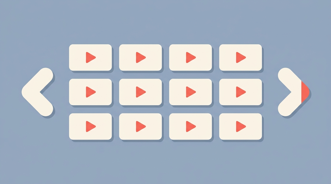 A grid of video thumbnail cards with pagination arrows, representing a paginated channel list.