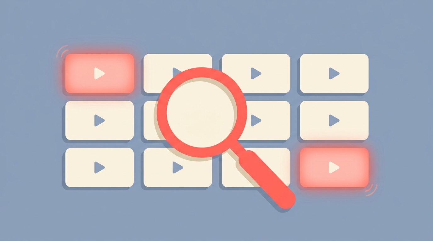 A magnifying glass over a grid of video thumbnails with two highlighted as matches.
