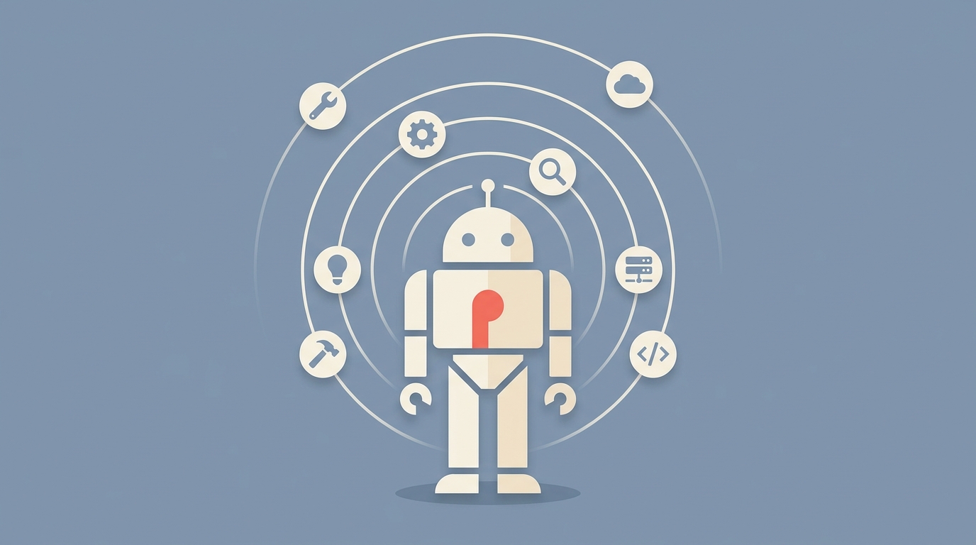 A robot with thought circles containing different tool icons, representing an agentic AI.