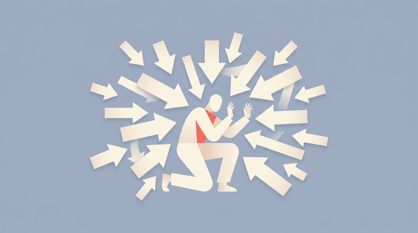 A single agent overwhelmed by task arrows from all directions.