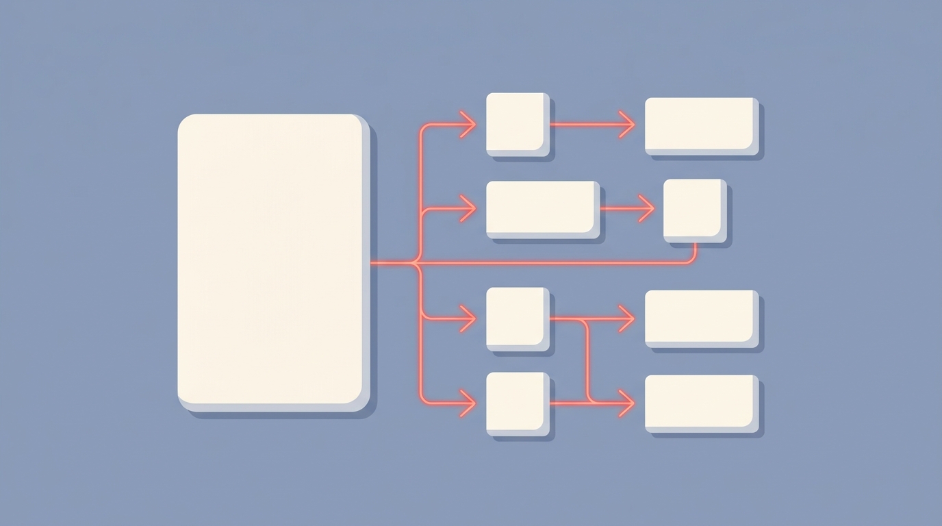 A monolith on the left and connected specialized services on the right, the microservices parallel.