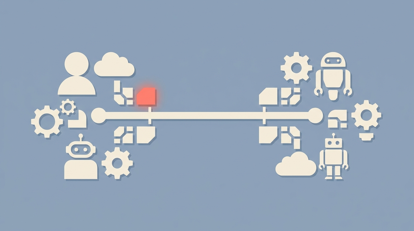 Multiple agents and tools connecting through a shared protocol bus.