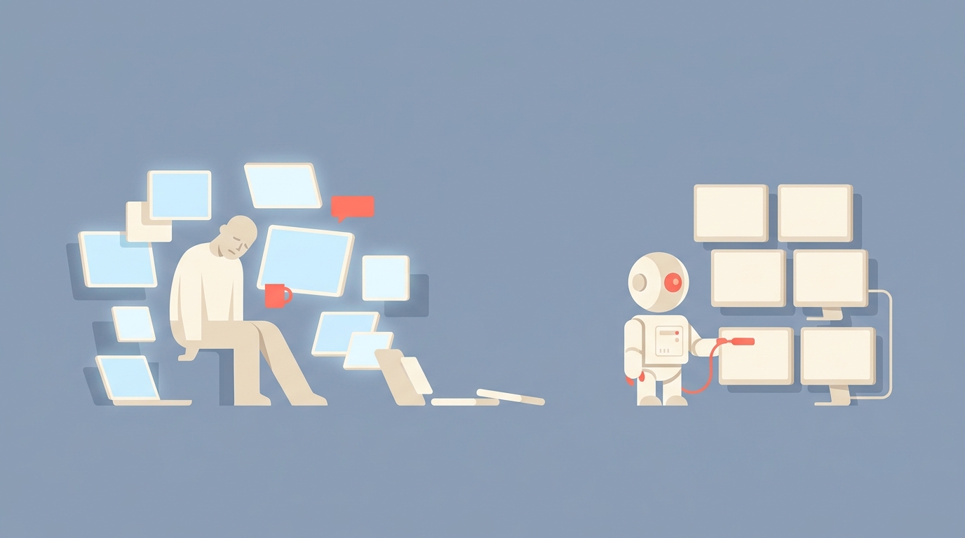 A tired person at screens being replaced by a calm robot handling the same screens.