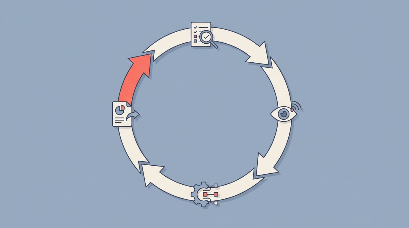 A circular loop arrow through four stages: check, detect, process, report.