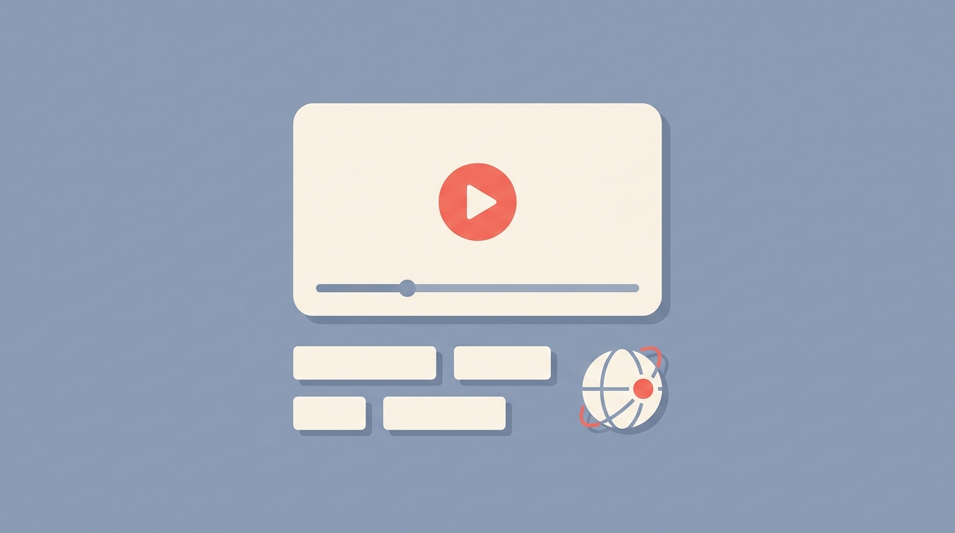 A video player with subtitle text and a globe icon, representing translated subtitles.