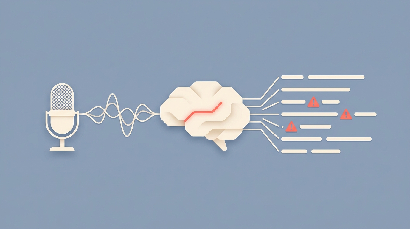 A microphone feeding audio into an ML model producing caption lines, some with warning marks.
