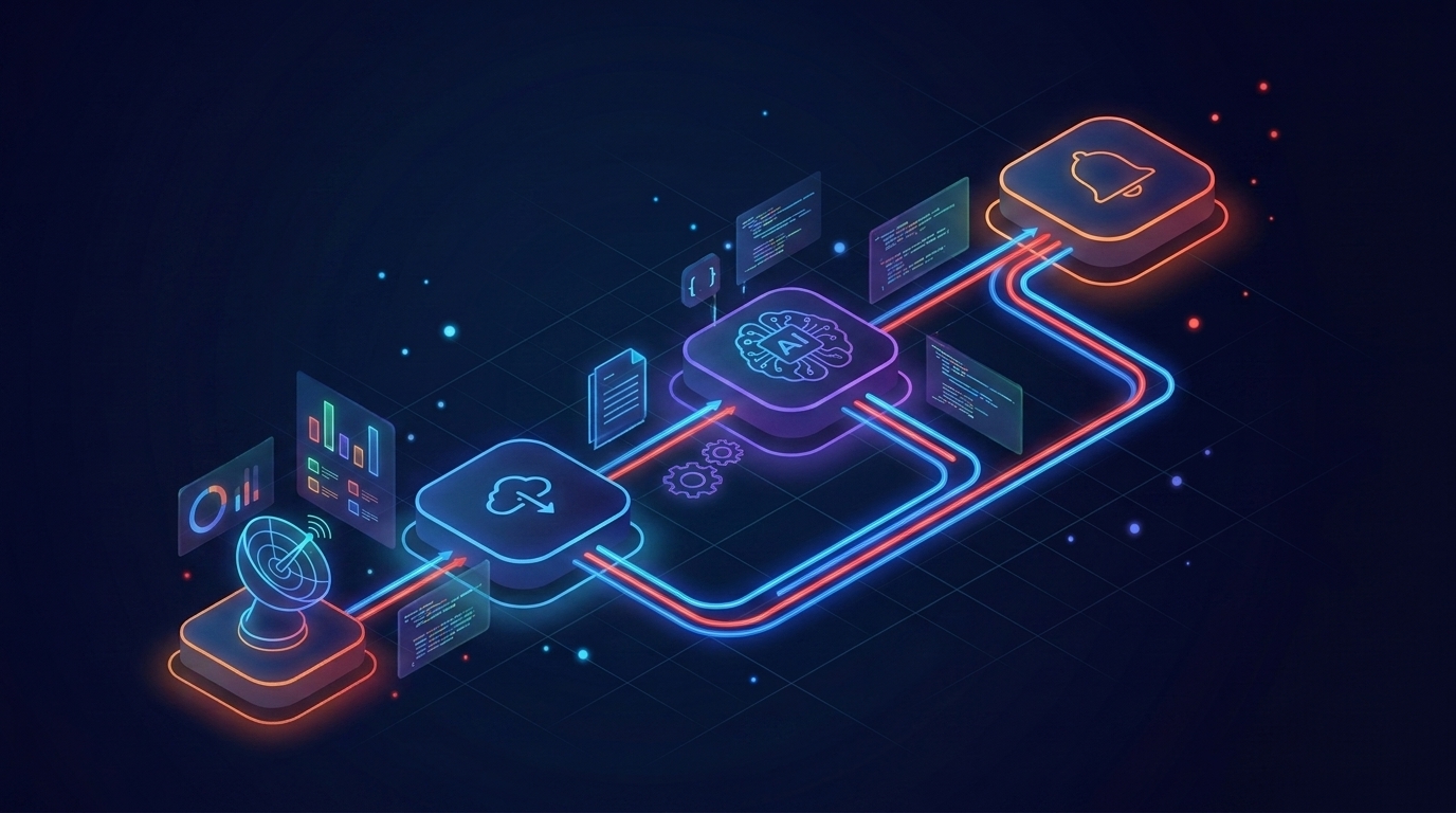 Four-step pipeline poll fetch summarize notify connected by data flows